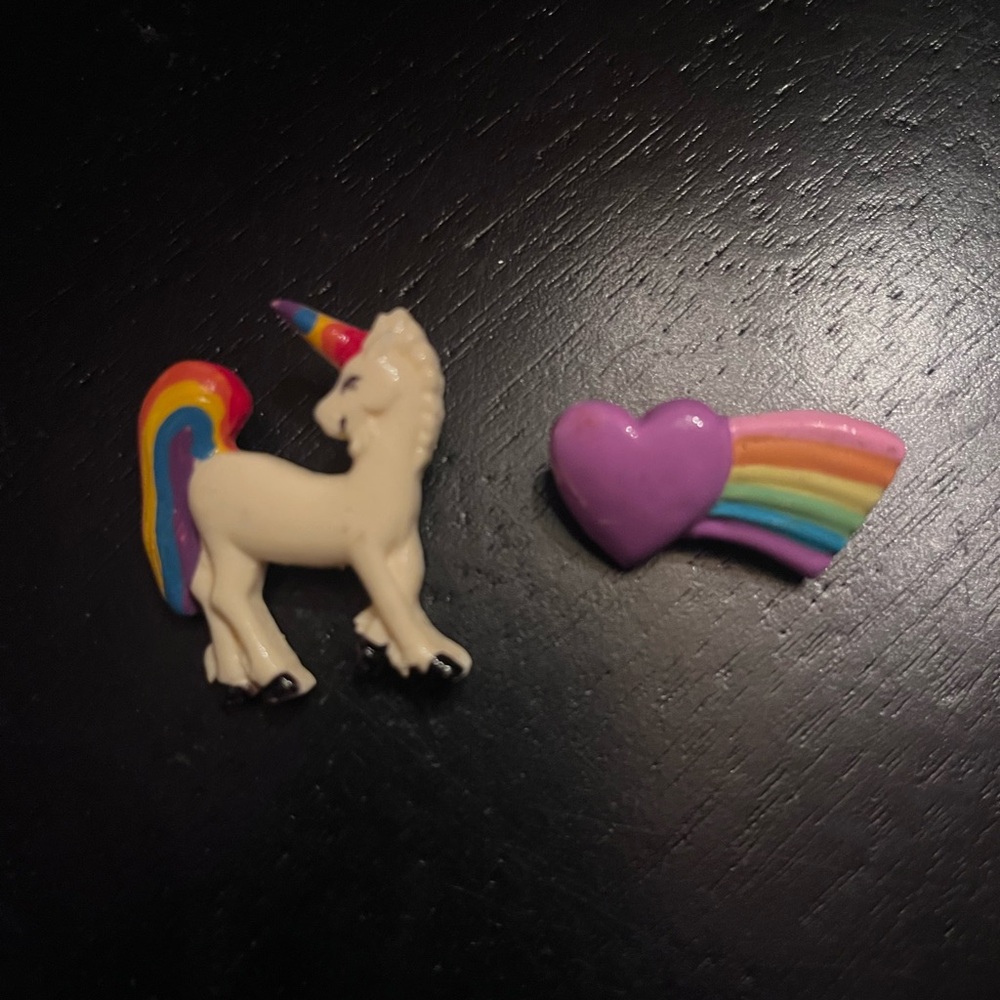 Pair of Vintage Whimsical pins Unicorn and Heart Rainbow